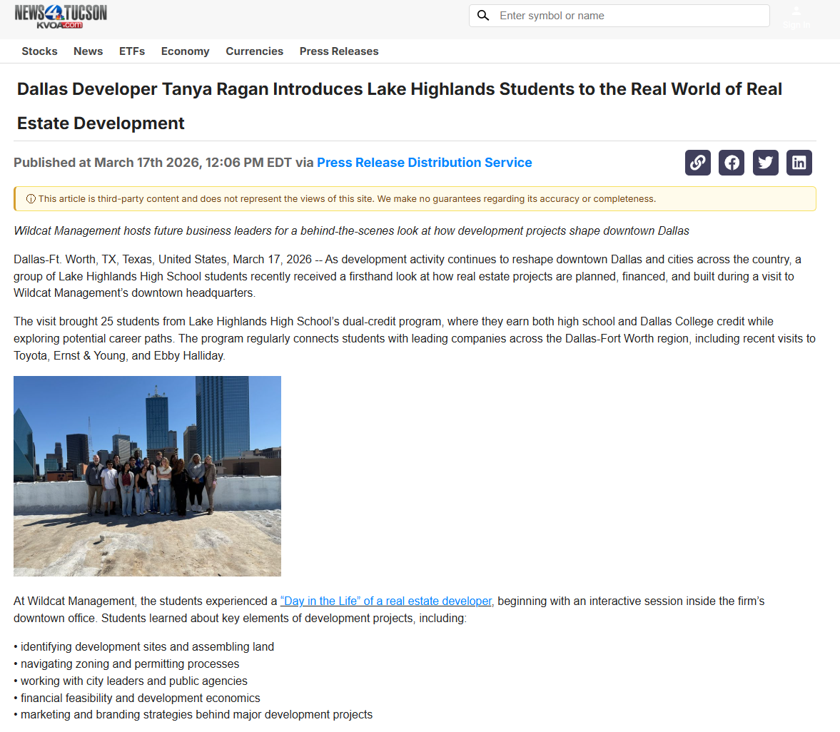 KVOA Tucson Dallas Developer Tanya Ragan Introduces Lake Highlands Students to the Real world of Real Estate Development