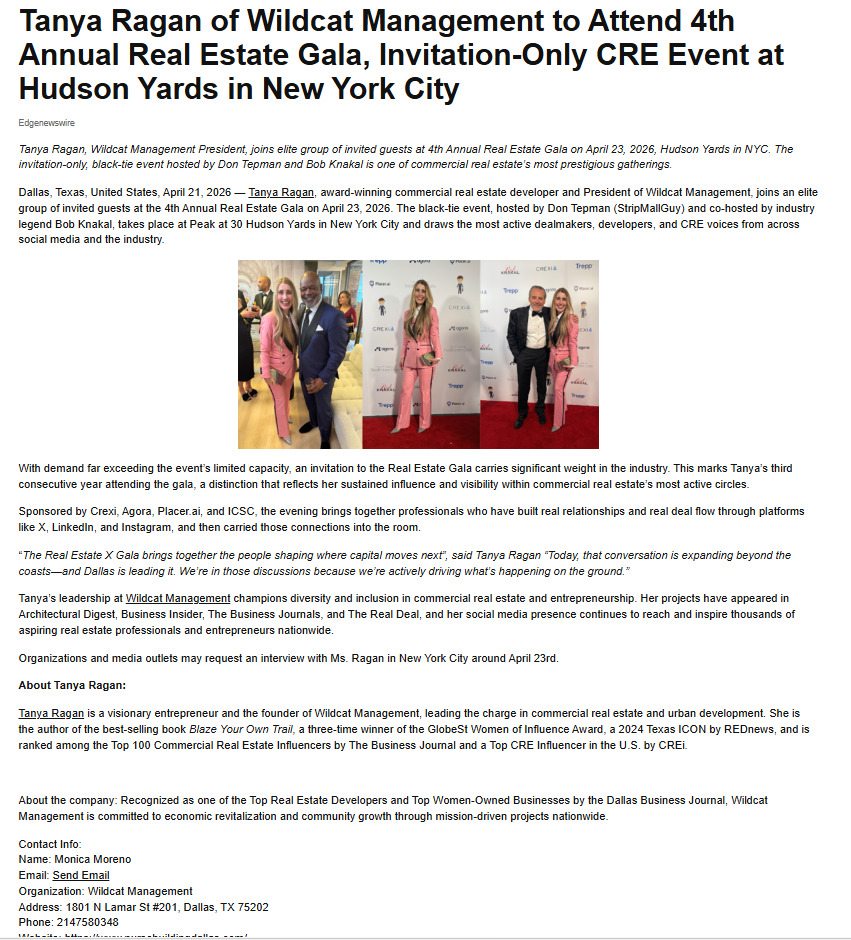 USA Today Tanya Ragan of Wildcat Management to Attend 4th Annual Real Estate Gala