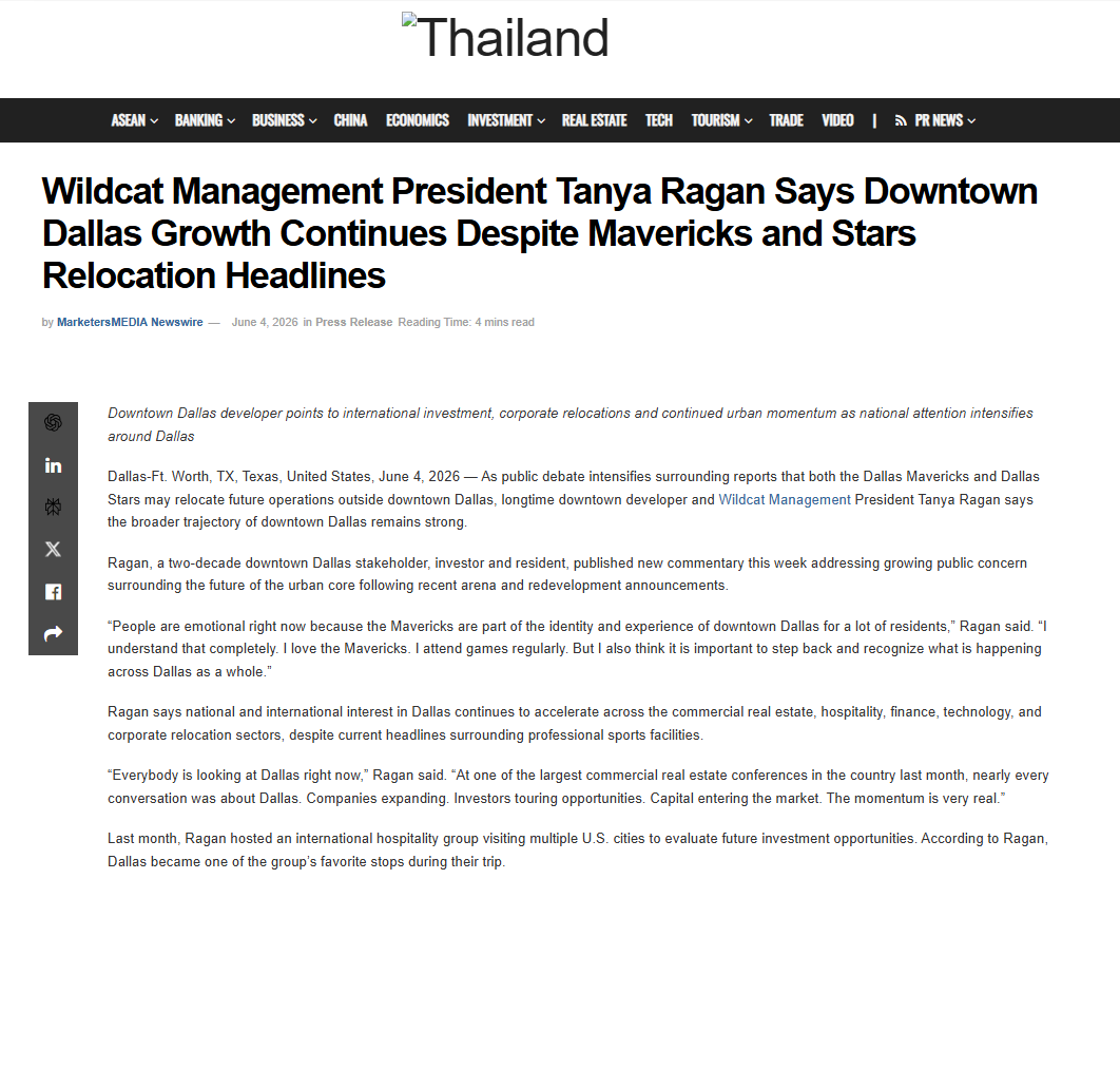 Wildcat Management President Tanya Ragan Says Downtown Dallas Growth Continues - as seen on Thailand Business News