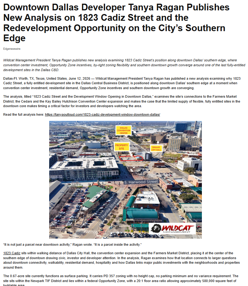 USA Today Downtown Dallas Developer Tanya Ragan Publishes New Analysis on 1823 Cadiz St and Redevelopment Opportunity