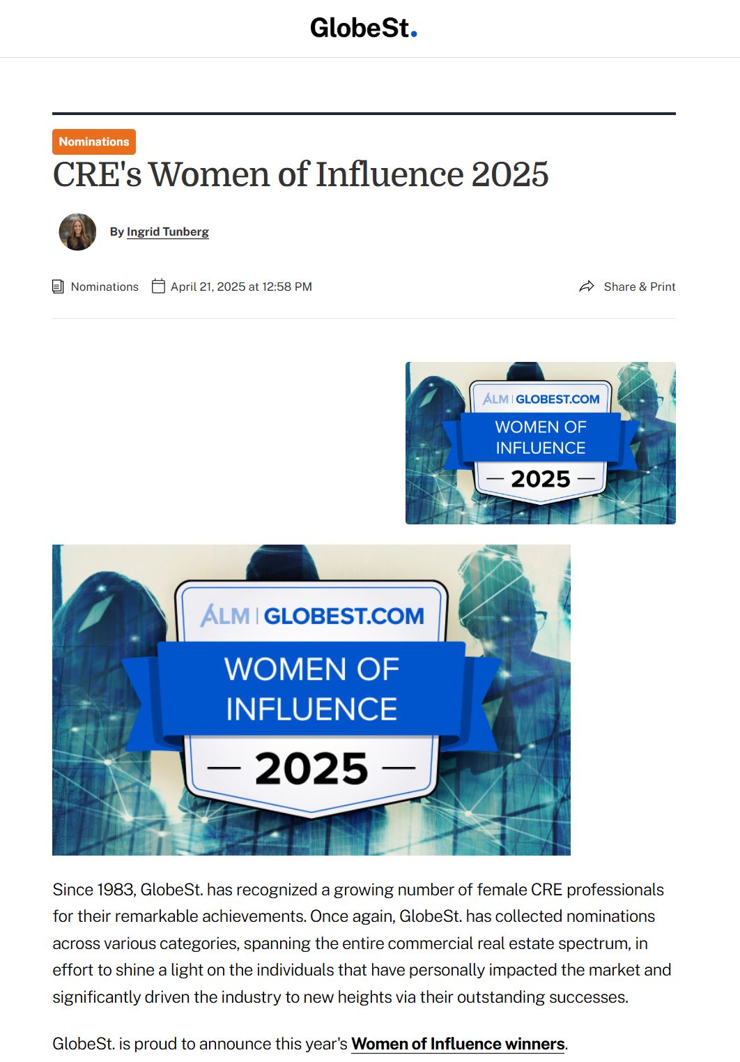 GlobeSt. Women of Influence 2025 — Tanya Ragan